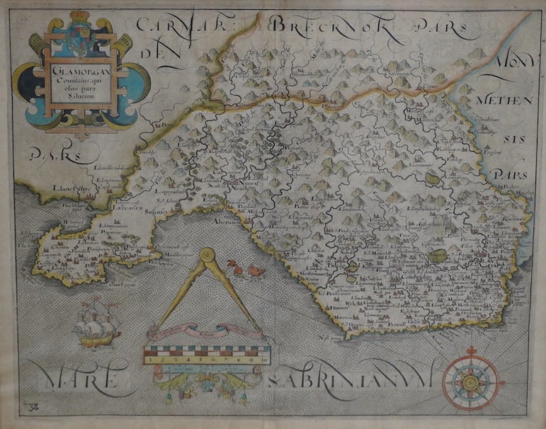 Saxton Kip / Hole, hand coloured engraved map of Glamorgan, 29 x 36cm. Condition - fair to good